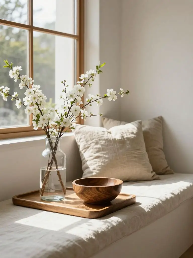 A serene window-side vignette styled with eco conscious decor.