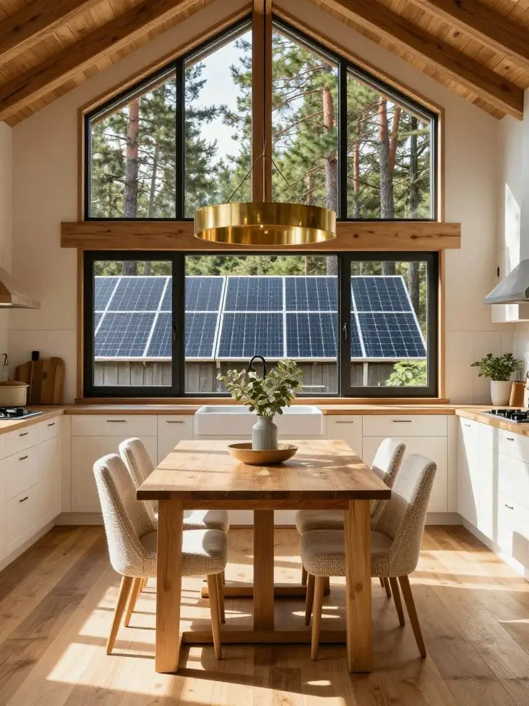 A hyper- photograph captures a sunny, modern rustic cabin kitchen with integrated solar panels visible through expansive black-framed window.