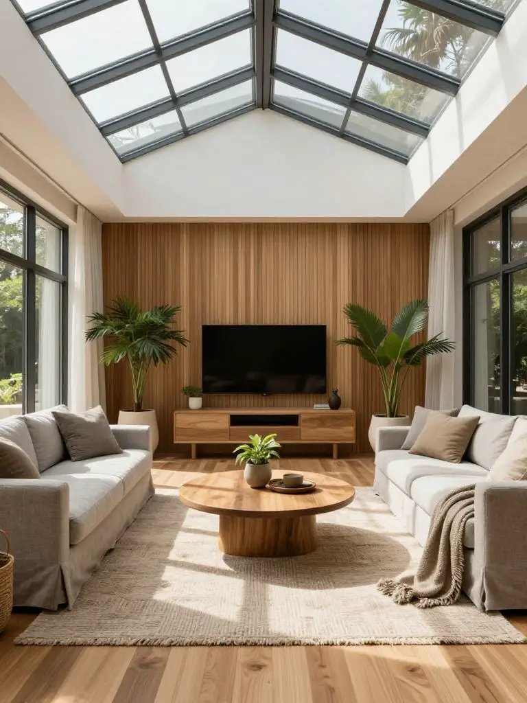Create a solar-filled sustainable living room with expansive skylights and floor-to-ceiling windows as the hero architectural feature.