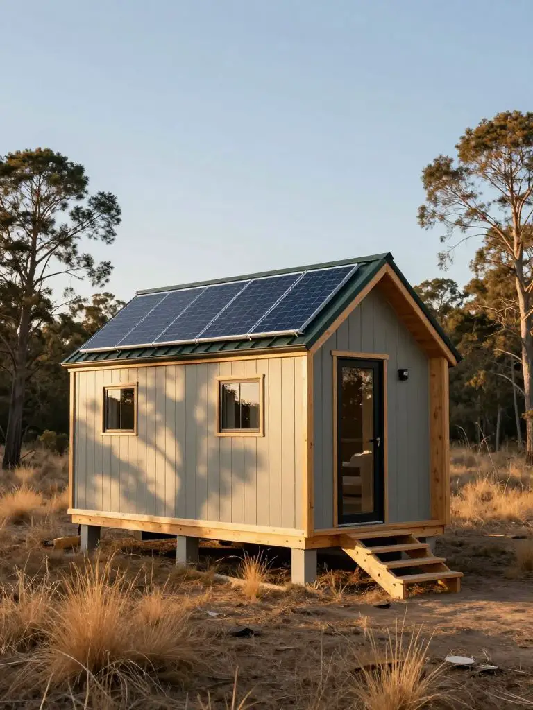 A compact off-grid tiny house cabin exterior designed in Modern Rustic style, set in a dry woodland landscape.