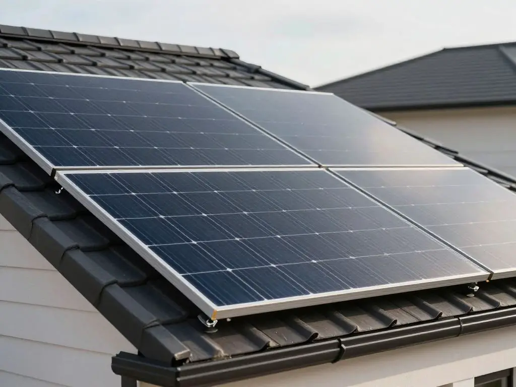 photography of residential solar panels installed on a modern home rooftop, close-up angle showing sleek black photovoltaic cells with subtl.