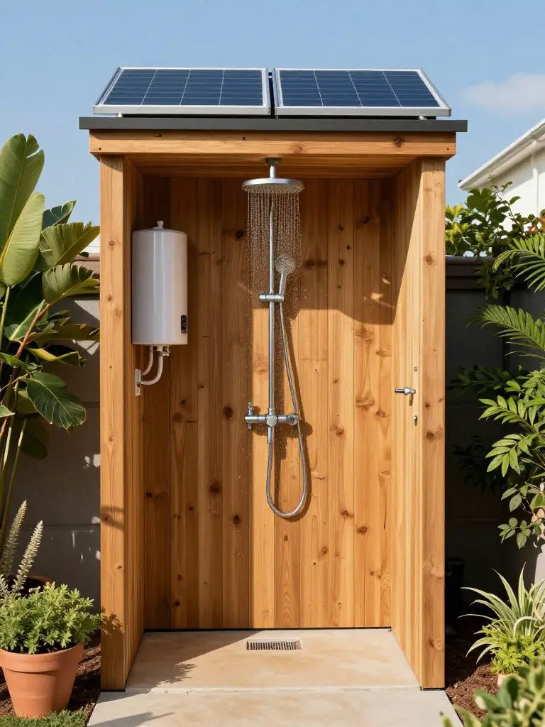 A solar-powered backyard off grid shower station built from vertical cedar planks in a clean modern rustic style.
