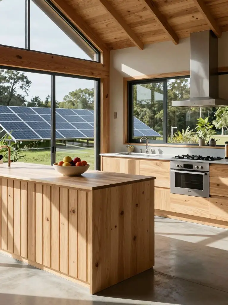 Photograph the interior of a solar-powered eco retreat where the foreground showcases a pale, slatted birch kitchen island with subtle joine.
