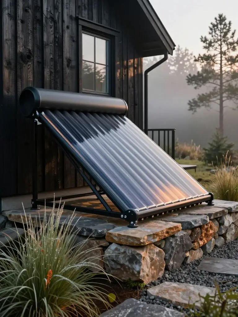 Create a hyper-, photograph of an outdoor solar-powered hot water system installed beside a modern rustic cabin, featuring matte black evacu.