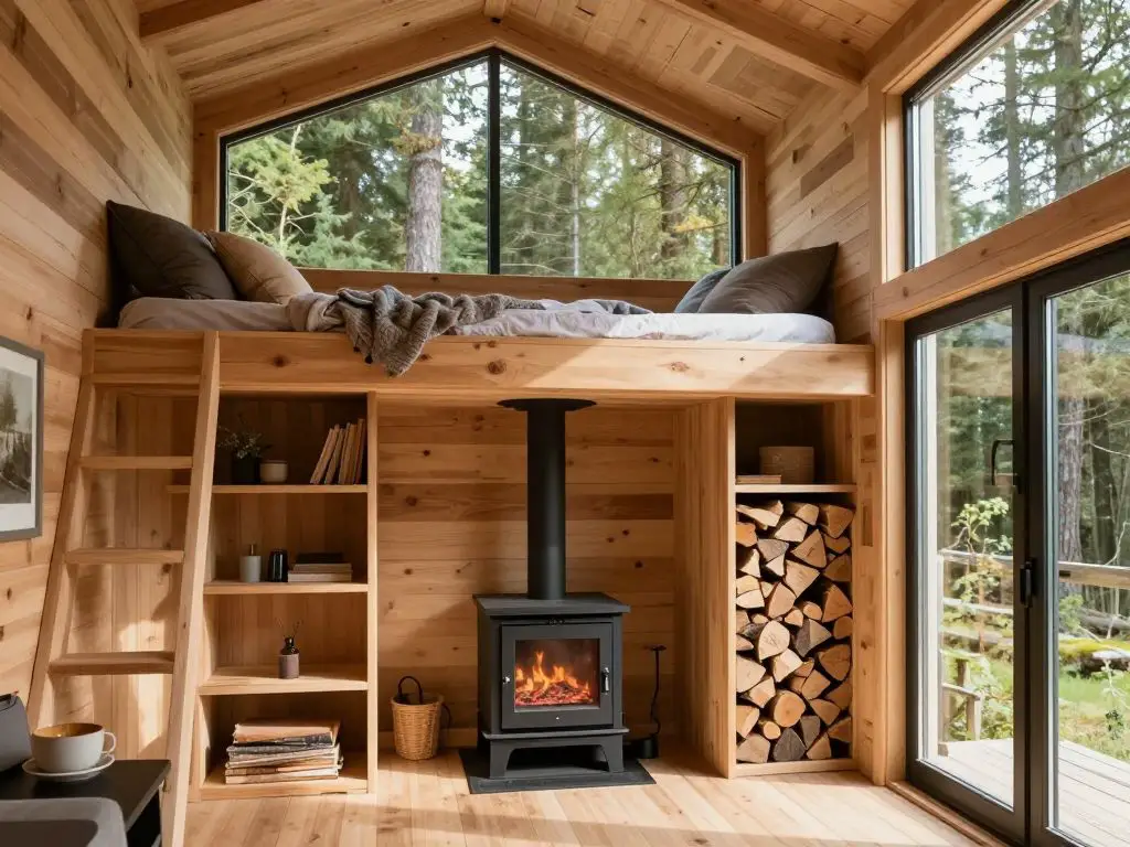 interior photograph of compact studio cabin with lofted sleeping area, floor-to-ceiling south-facing windows with forest views, built-in woo.