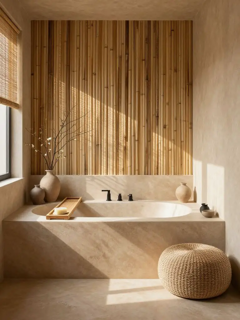 A spa-inspired eco friendly bathroom designed with bamboo wall panels in warm sand tones and smooth clay plaster surfaces.