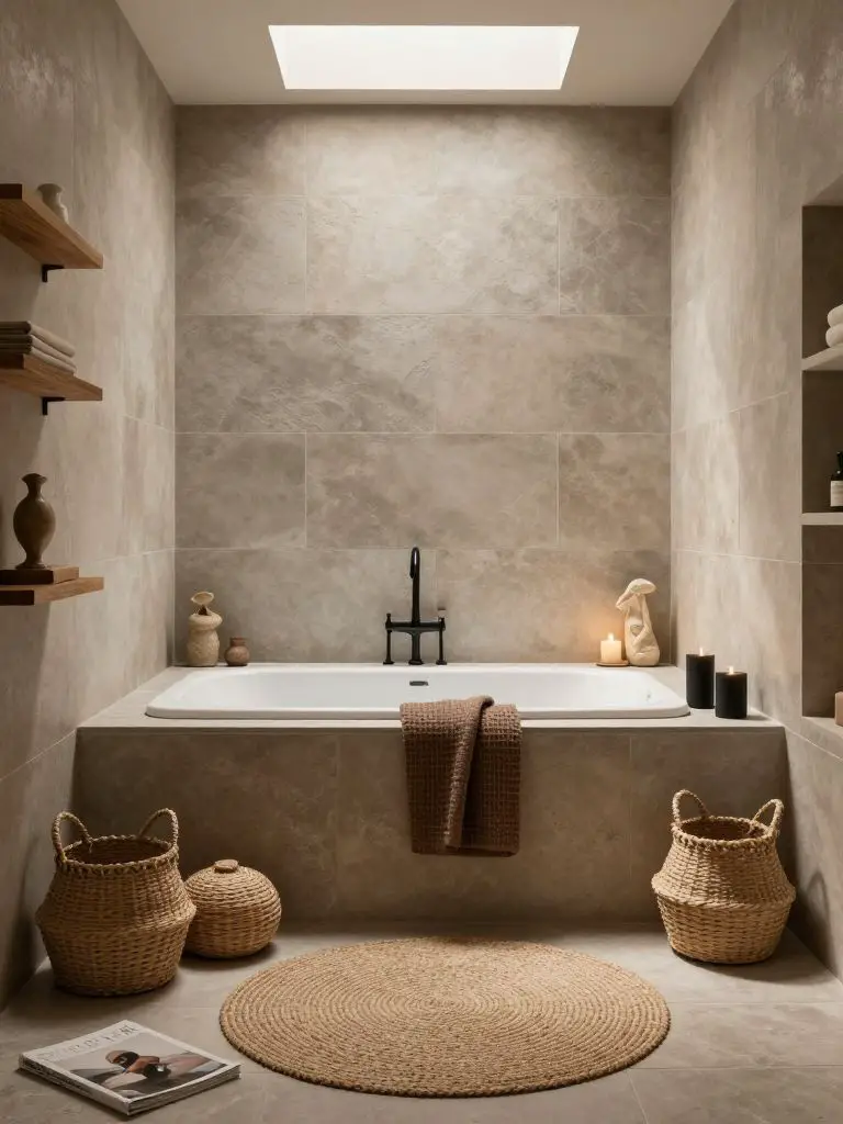 A spa-inspired modern earthy bathroom wrapped in soft gray stone tile in a Warm Minimalist style.