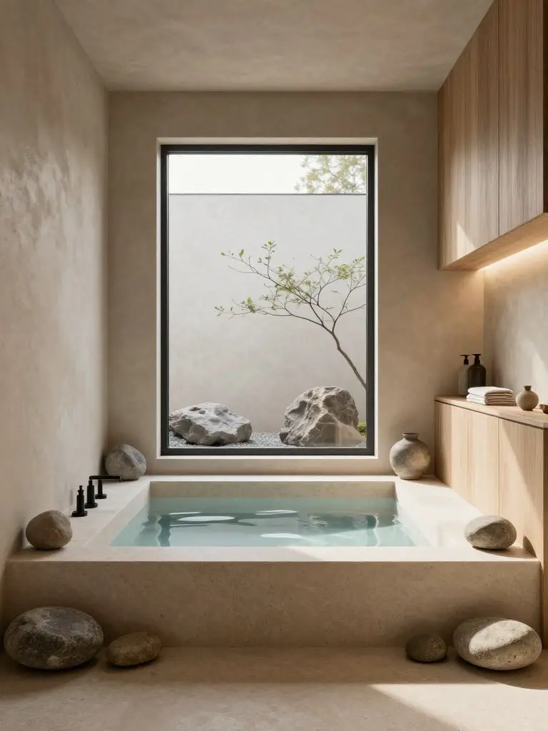 A spa-inspired Japanese Scandinavian bathroom with a rectangular stone soaking tub recessed into a pale travertine platform.