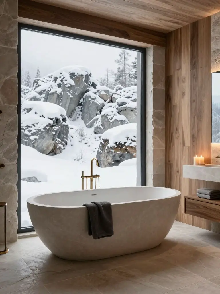 A spa-inspired winter cabin bathroom in modern rustic style, featuring a freestanding oval soaking tub carved from matte stone positioned ce.