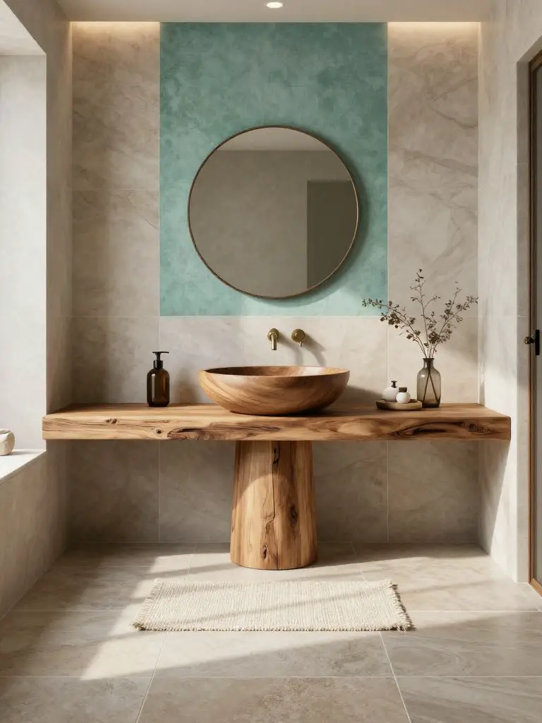 Create a spa-inspired sustainable bathroom with a floating wooden vanity as the hero element.