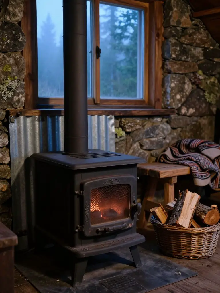An intimate, ultra- photo of a compact wood stove heating solution inside a rustic off-grid cabin, bathed in the cool blue light of early da.
