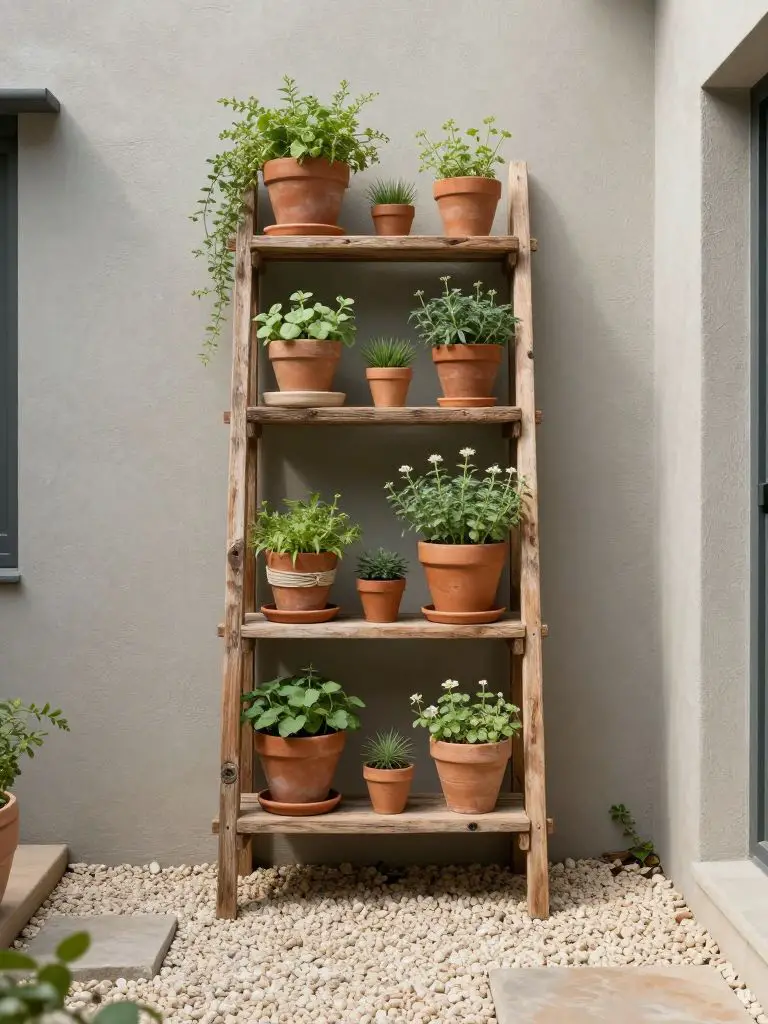 A narrow courtyard styled with a reclaimed wooden ladder shelf transformed into a vertical small garden display.