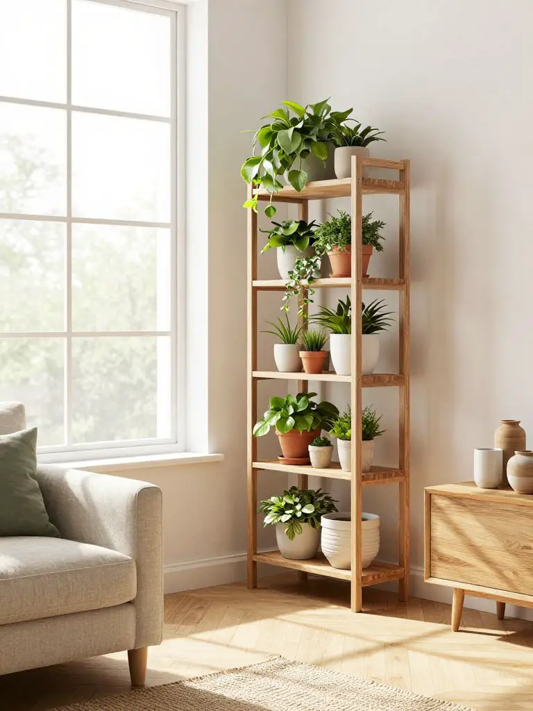 Create a sustainable home decor corner featuring a tall wooden plant shelf beside a sunlit window.