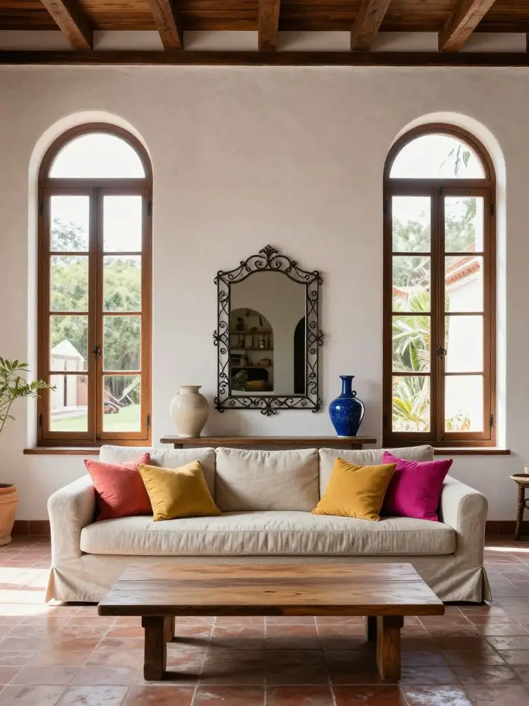 A Spanish Colonial inspired living room featuring tall arched wooden-framed windows flooding the space with natural light.