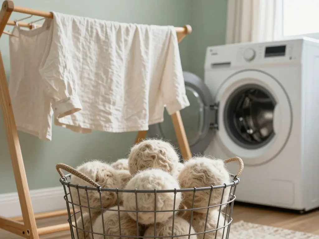 Depict a bright, airy laundry room with the foreground focused on a wire basket brimming with natural wool dryer balls, their dense, texture.