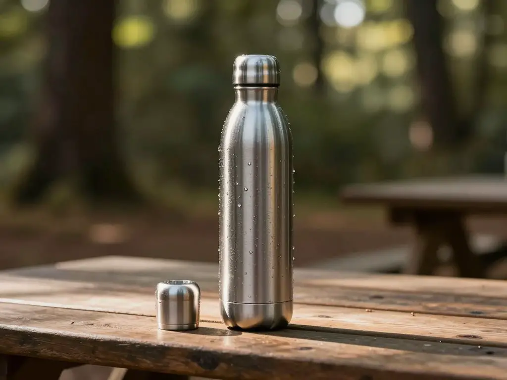 Product photography of stainless steel insulated water bottle on outdoor wooden picnic table, condensation beads on metallic surface catchin.