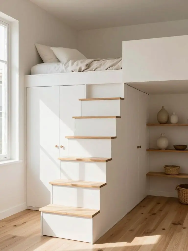 A compact loft staircase with integrated storage in a bright Warm Minimalist tiny house interior.