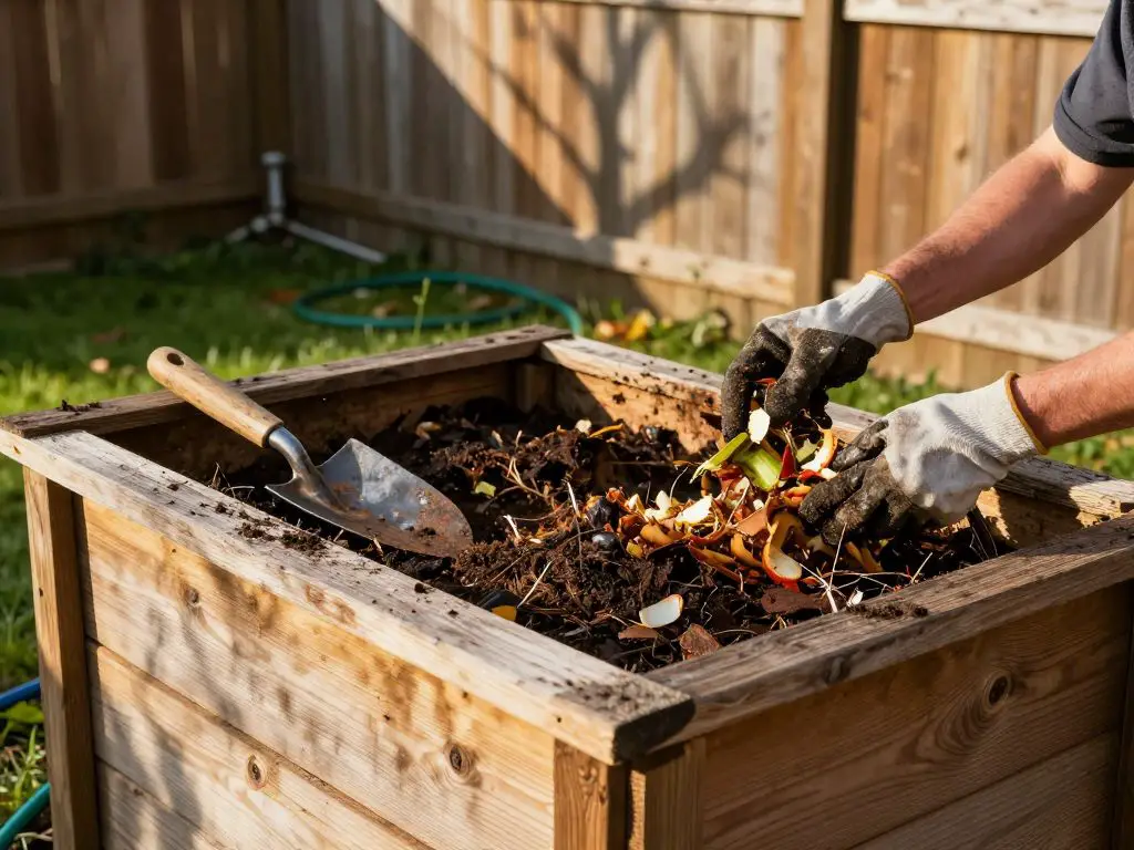 A sunlit backyard corner features a newly established compost bin constructed from weathered cedar planks, the wood grain and knots visible.