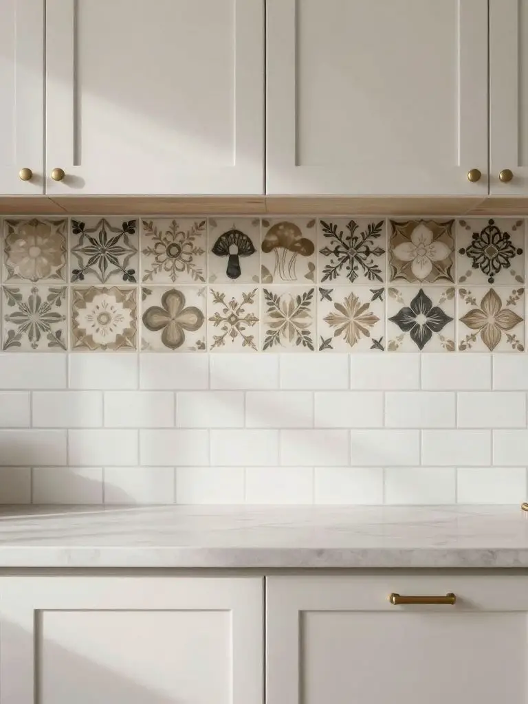 Close-up kitchen remodel scene highlighting a bold patterned ceramic tile backsplash as the hero focal point, positioned at eye level with c.
