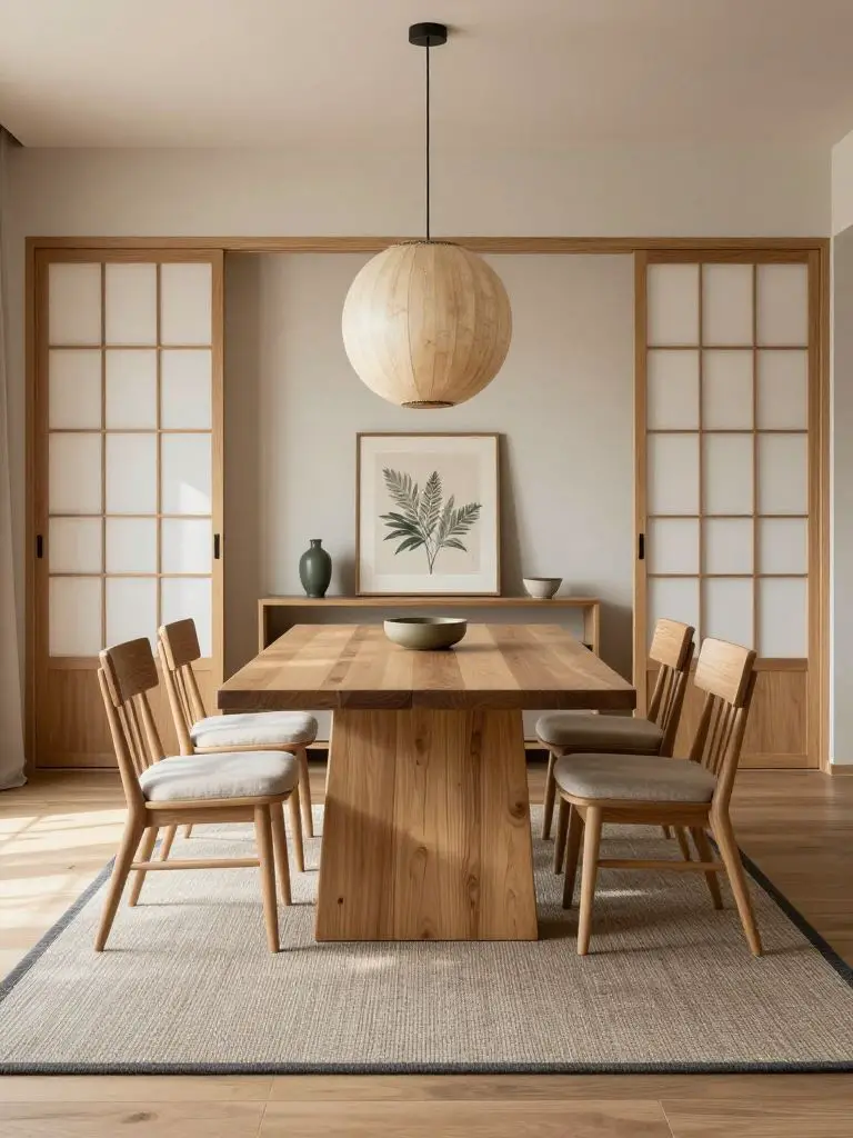 A minimalist Japandi dining room centered around a solid oak table with a bold pedestal base, placed precisely on a textured woven rug in wa.