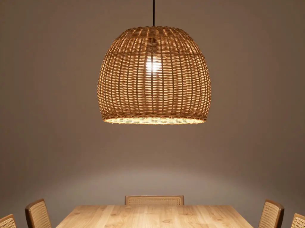 interior photography of a statement pendant light made from woven natural rattan hanging above a minimalist dining table, spherical organic.