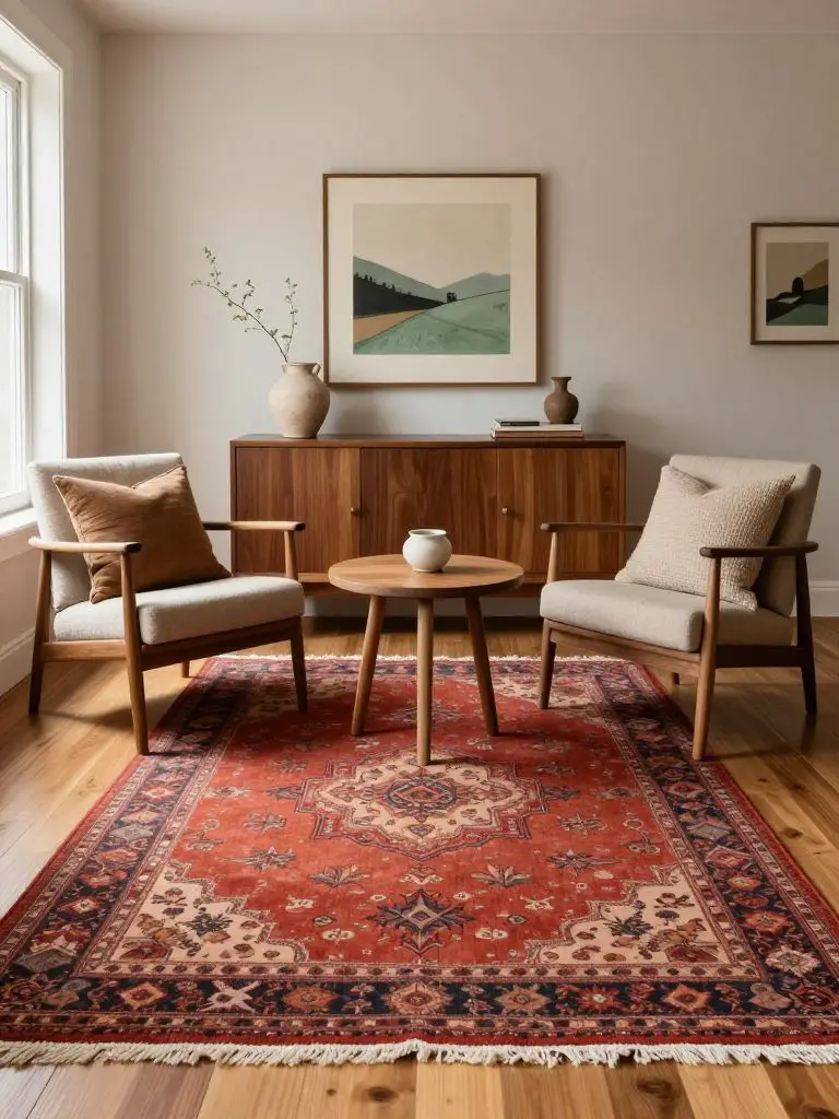 Sustainable living room centered around a bold vintage wool rug in warm red and terracotta tones.