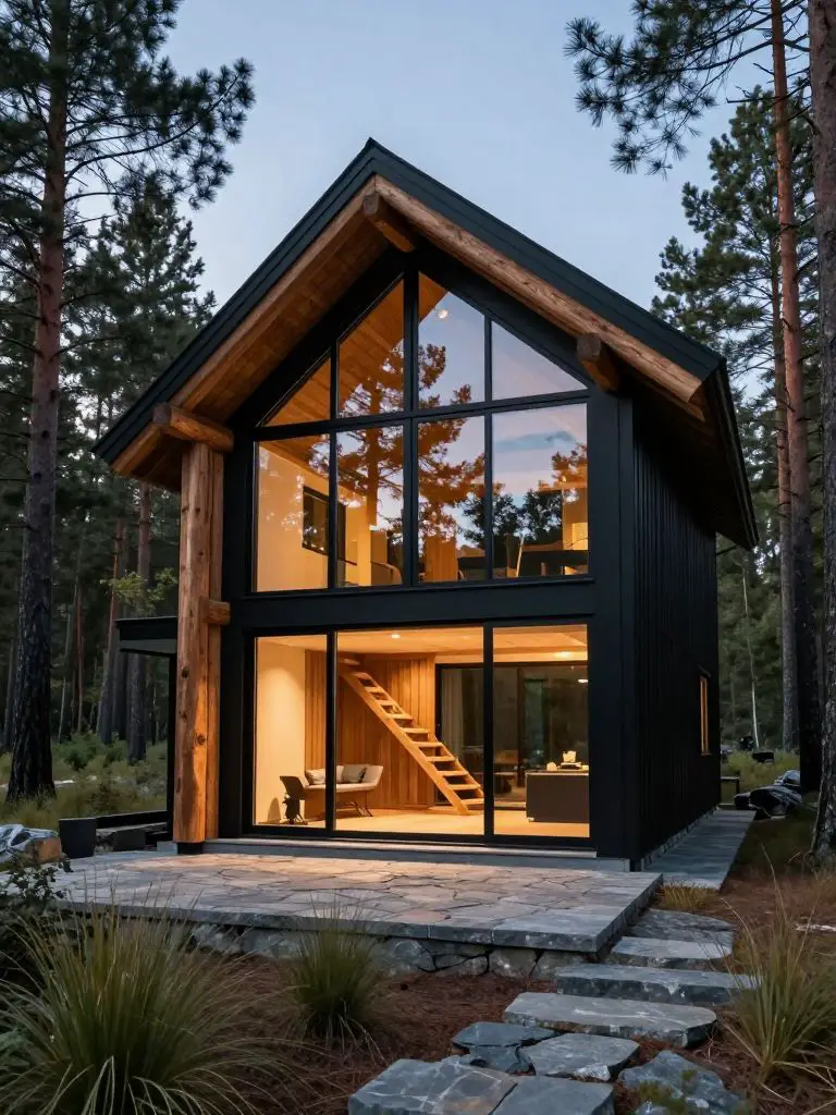 A meticulously designed two-story modern rustic cabin stands amid towering pines at dusk, its expansive glass façade framed by matte black s.