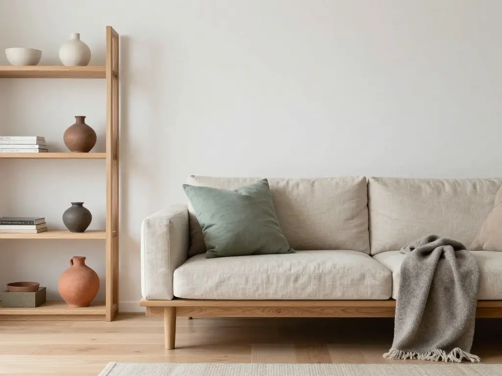 interior photograph of Japanese minimalist living room with nature-inspired neutral color palette, soft white walls, warm beige linen sofa.