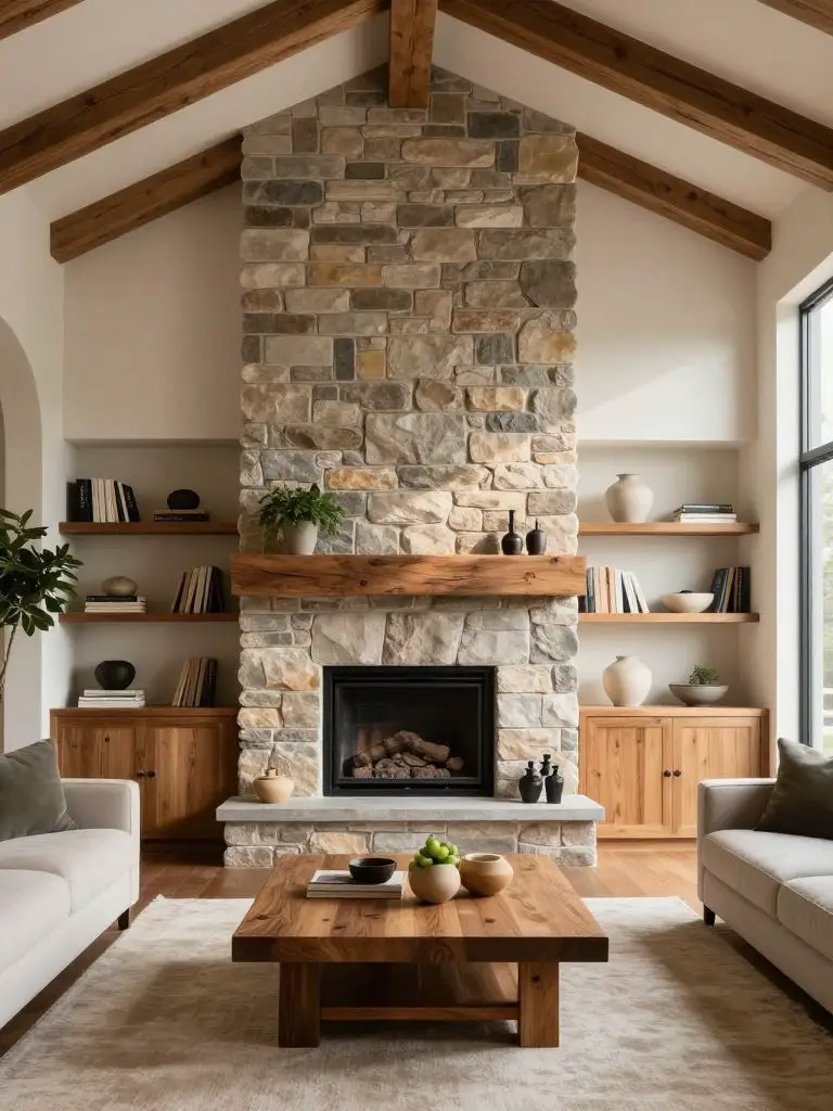 A modern rustic living room anchored by a stacked stone fireplace with a thick reclaimed wood mantel beneath a vaulted ceiling lined with ex.