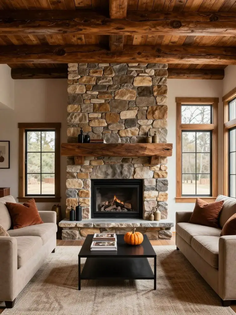 A rustic cabin living room designed with classic cabin decorating ideas, showcasing a floor-to-ceiling stacked stone fireplace and heavily t.