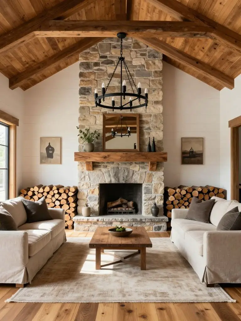 A vaulted rustic living room in Mountain Rustic style centered around a stone fireplace with stacked firewood neatly arranged beside it.