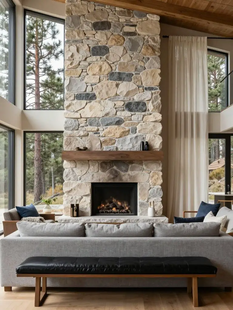 A serene mountain cottage living space centered around a dramatic stacked-stone fireplace wall in soft limestone and slate tones.