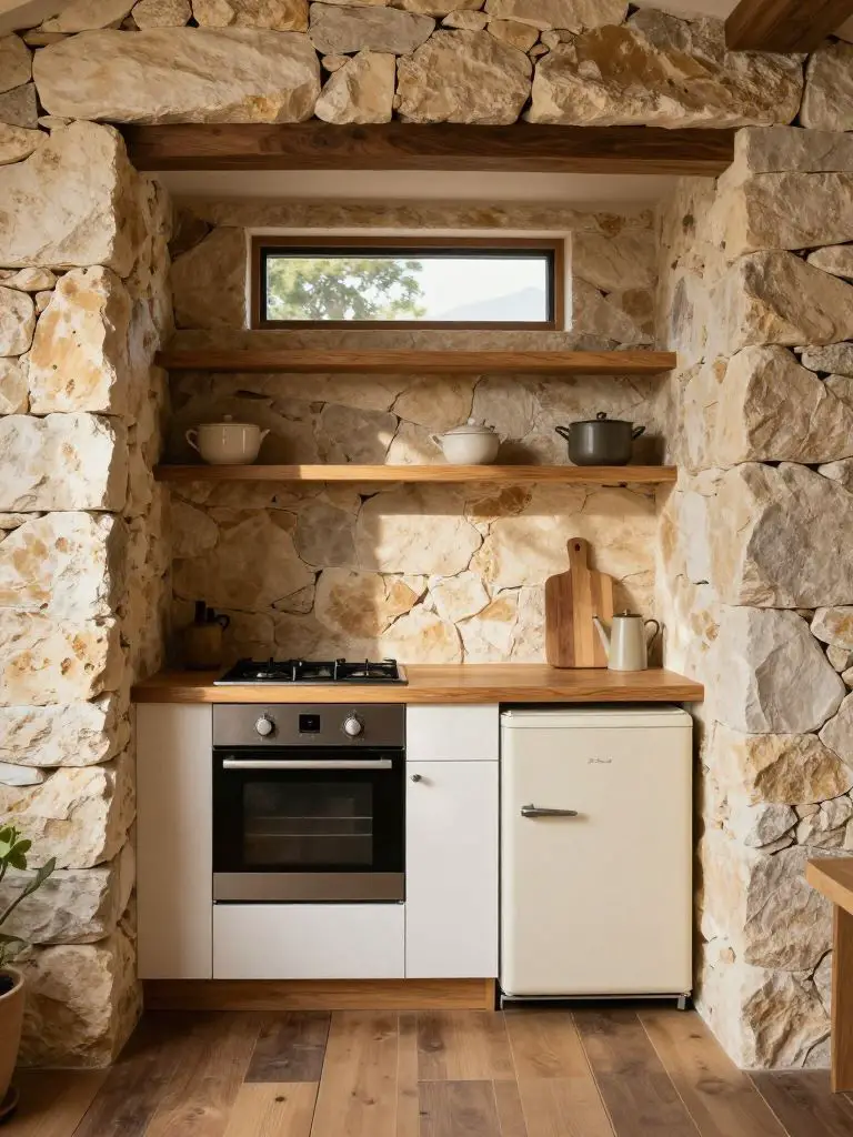A rustic tiny home kitchen framed dramatically by stacked natural stone walls on both sides, creating a cozy alcove layout.