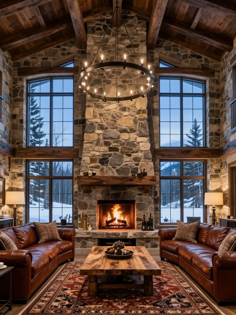 A grand stone lodge great room with double-height stacked stone walls and expansive grid windows revealing a snowy landscape.
