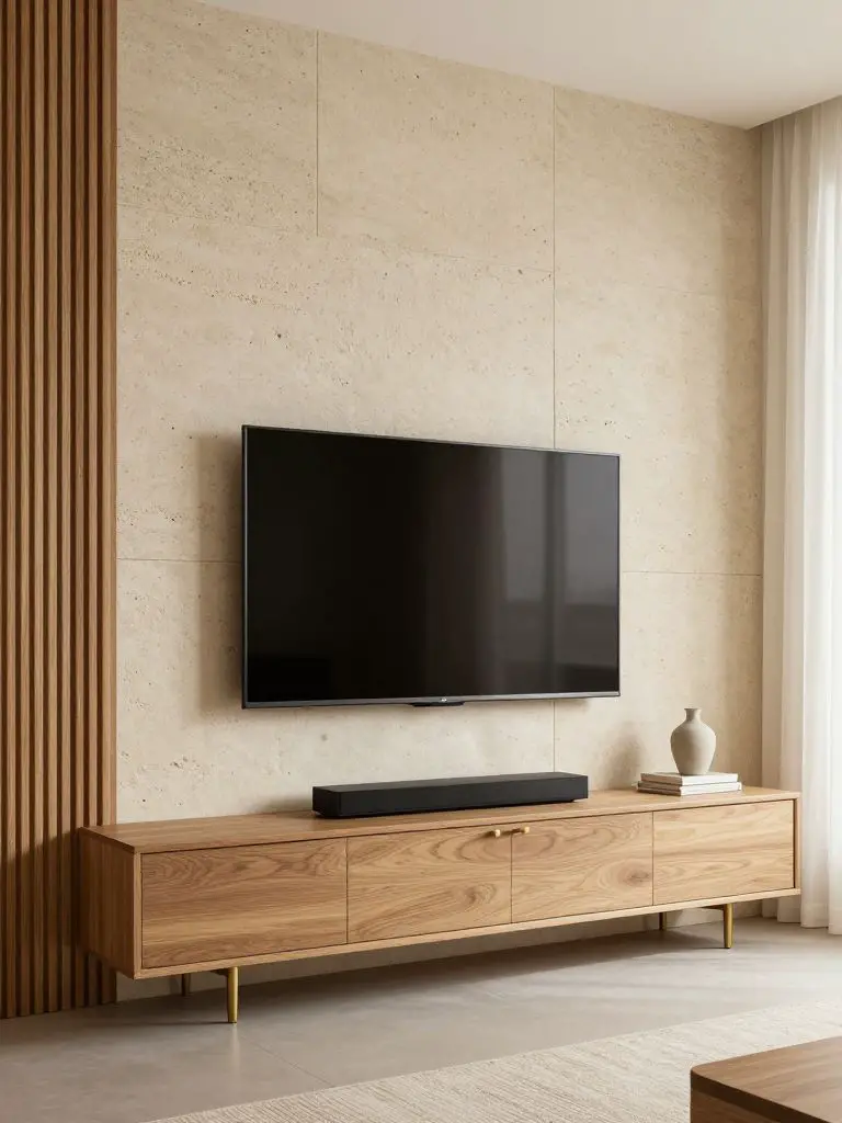 A minimalist TV wall clad in large-format stone-look panels with a vertical oak slat accent on one side.