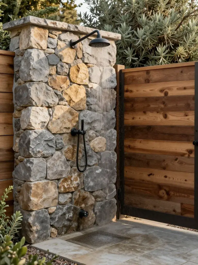 A rustic off grid shower featuring a stone pillar and timber privacy gate in a modern farmhouse blend.