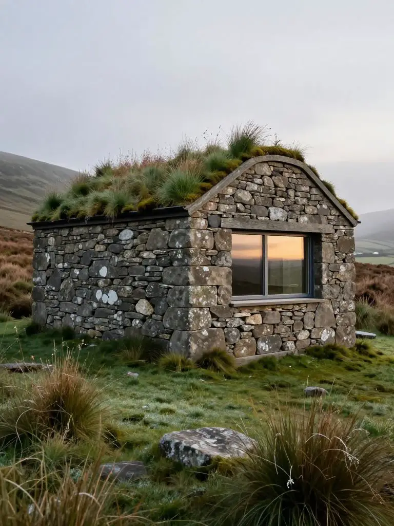 A hyper- architectural photograph capturing a modern stone shepherd’s hut with a sweeping curved eco-friendly roof, built into a gentle hill.