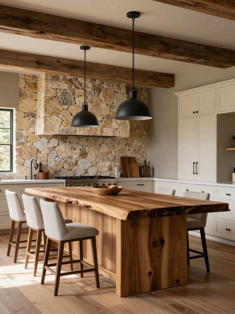A stone and timber earthy kitchen blending modern rustic and farmhouse design, centered around a thick live-edge wood island as the hero sub.
