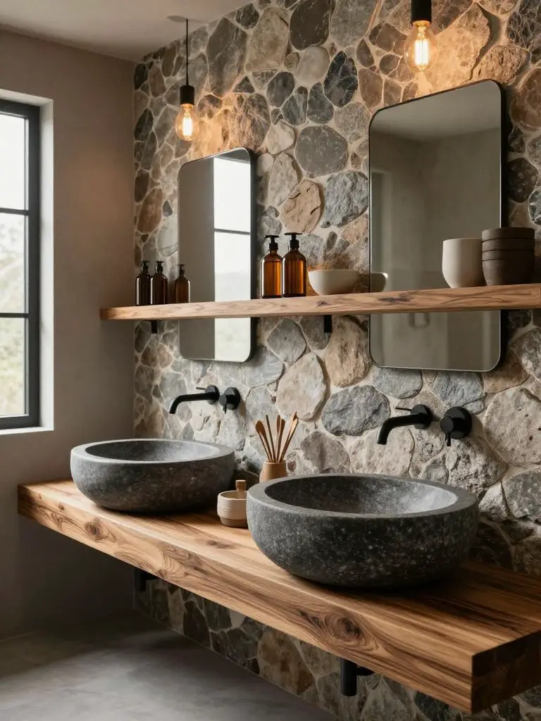 A spa-inspired eco friendly bathroom designed in modern rustic style.