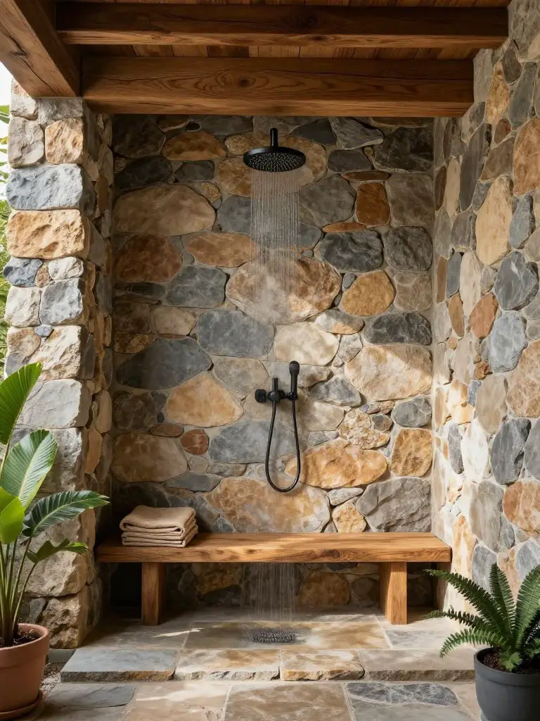 A stone-walled off grid shower sanctuary blending rugged masonry with warm timber beams overhead.