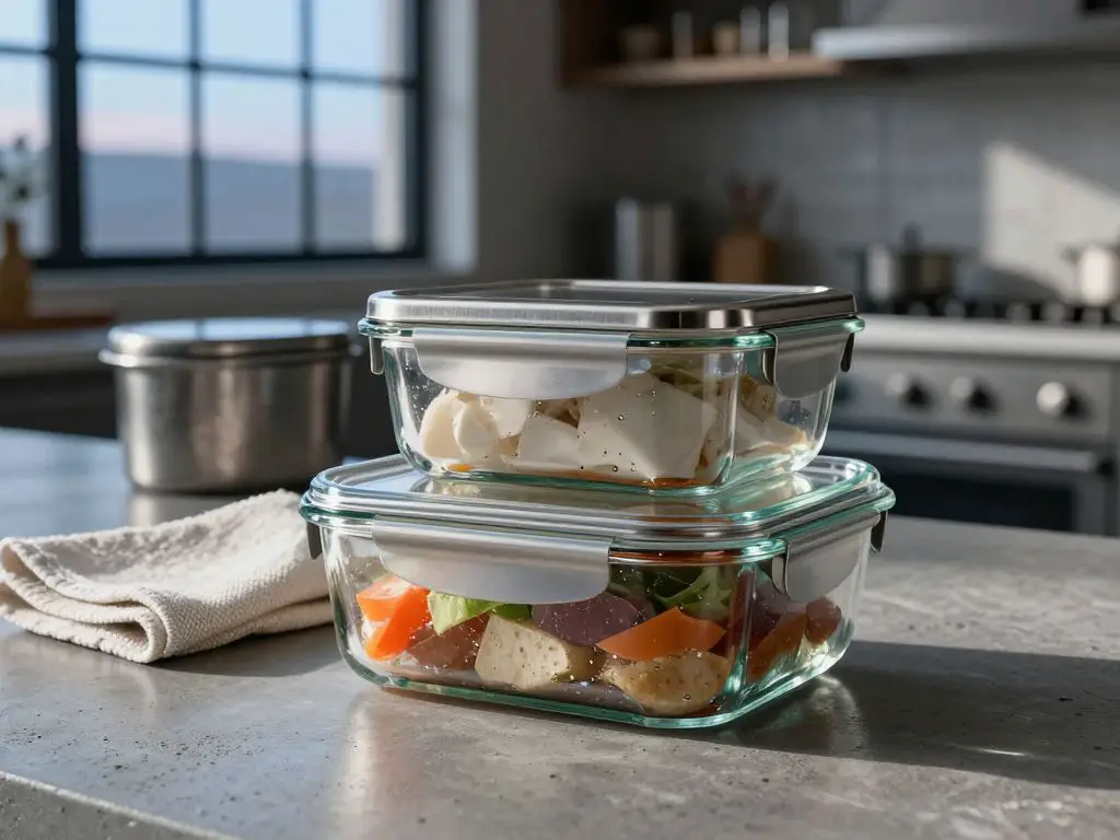 An , hyper- shot of a stack of leftovers in glass containers with brushed stainless steel lids, placed on a cool, textured concrete countert.