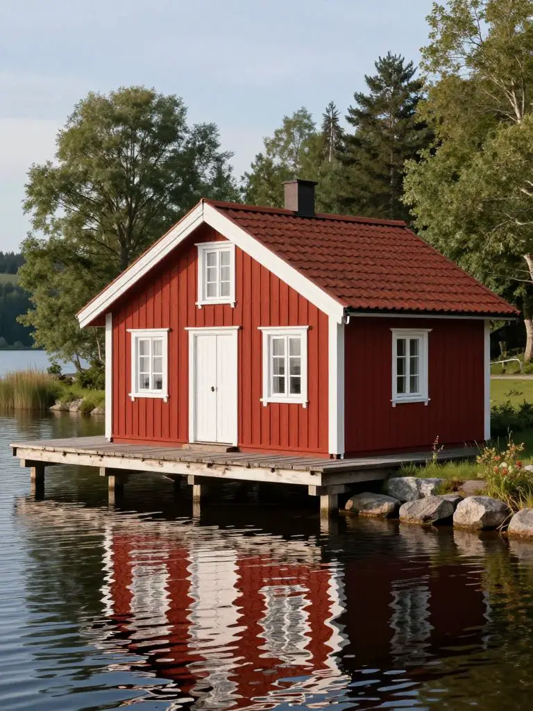 A charming red lakeside small cabin idea resting on a wooden dock over calm water.
