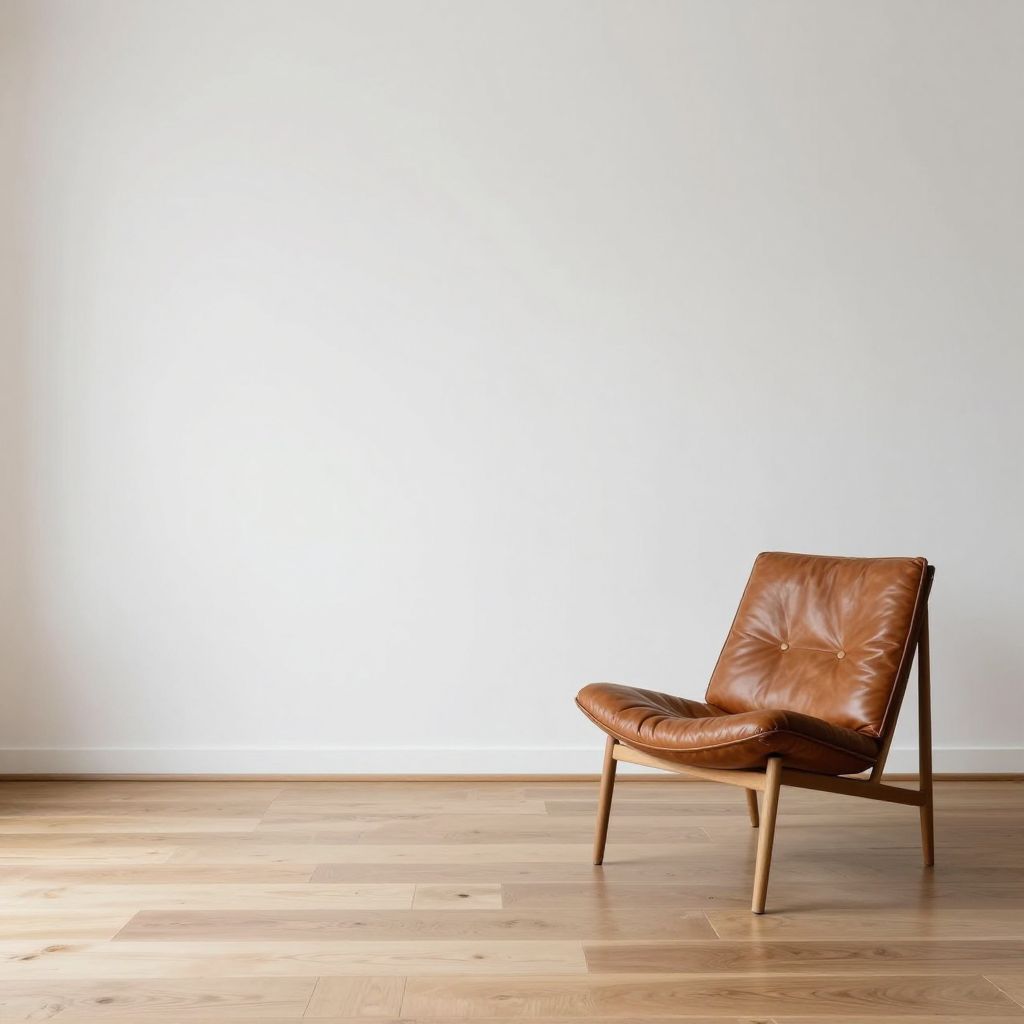 High-end interior photography emphasizing strategic negative space in a minimalist living room, featuring a single sculptural mid-century mo.