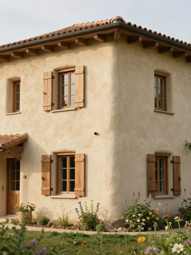 exterior of a cozy straw bale home with thick plastered walls, rounded corners, and deep window reveals.