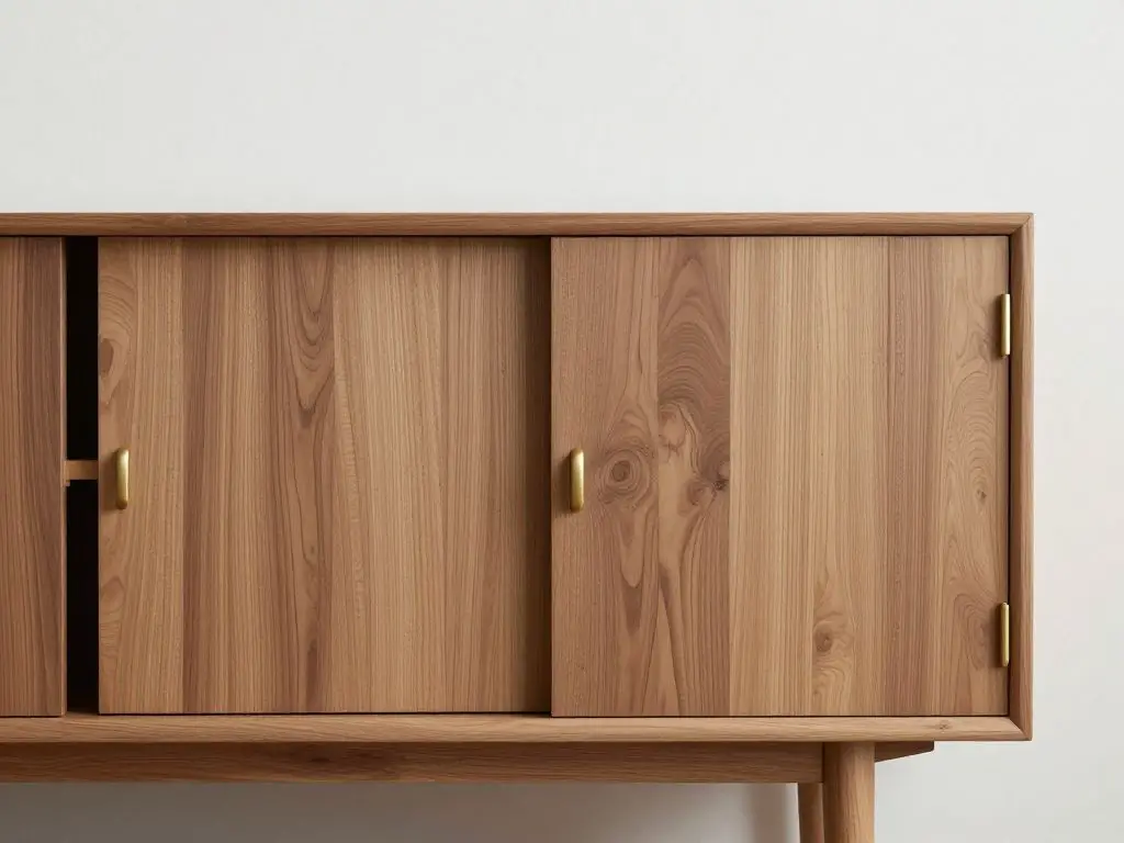 interior photography of a sleek minimalist wooden sideboard with clean lines and push-to-open doors, natural walnut finish, Japandi style di.
