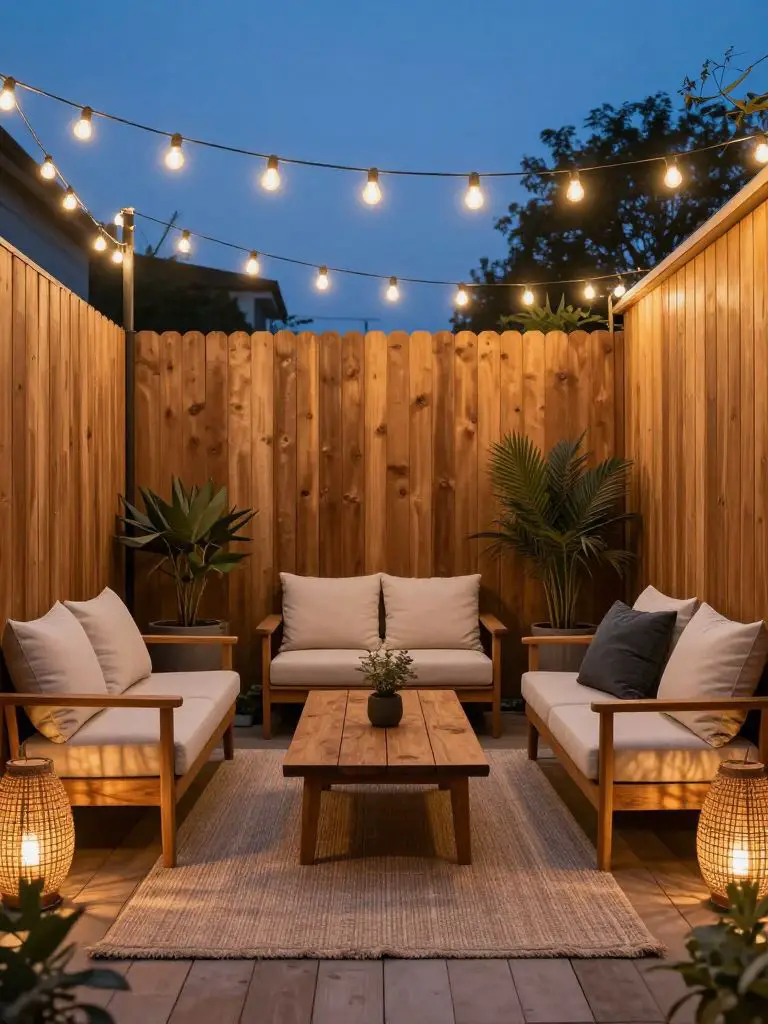 A cozy tiny backyard deck styled in Warm Minimalist and Modern Rustic design, illuminated by softly glowing string lights draped overhead in.