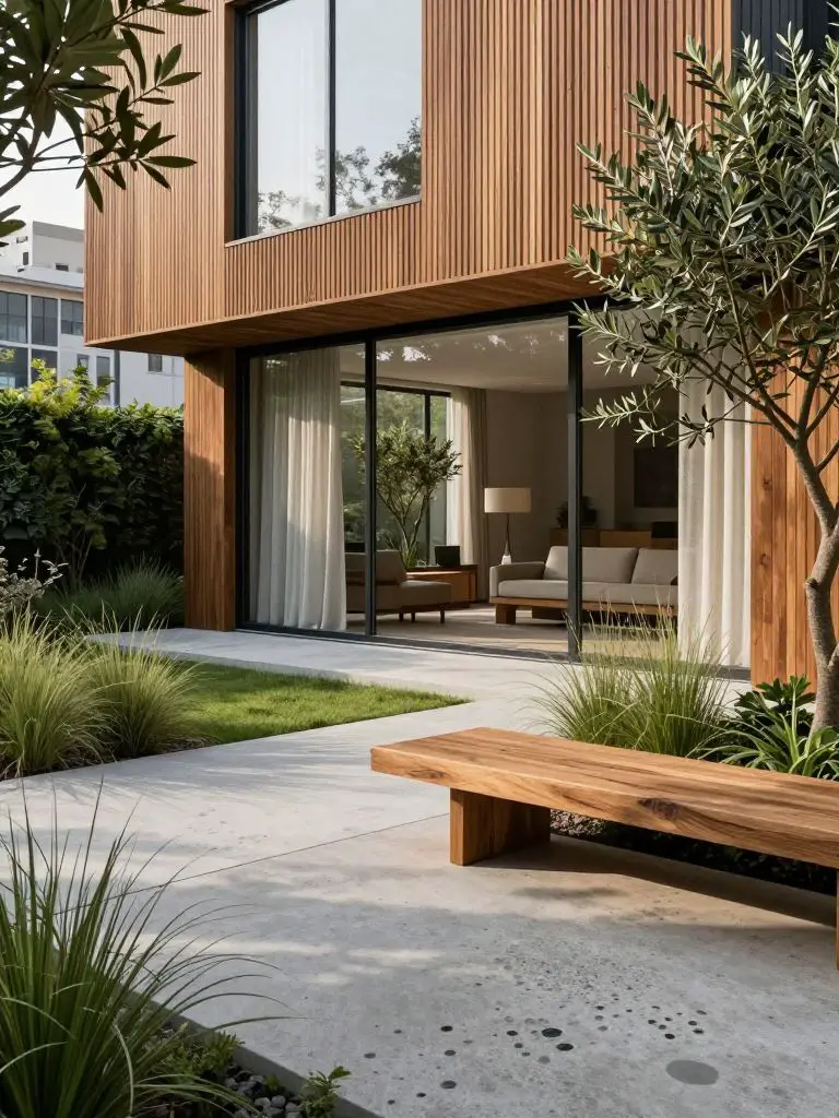 Showcase a stylish green-forward smart house set in a landscaped urban garden, its minimalist architecture defined by floor-to-ceiling tripl.