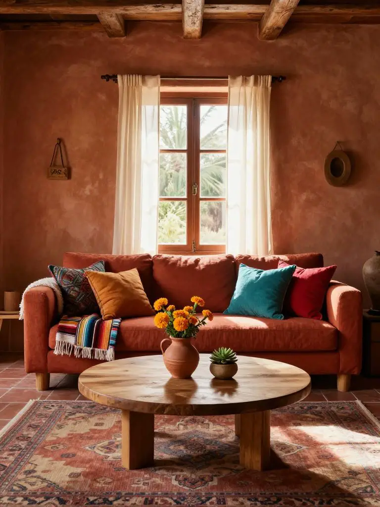 A cozy rustic Mexican living room scene featuring a deep terracotta linen sofa centered beneath a sunlit window framed with warm clay-colore.