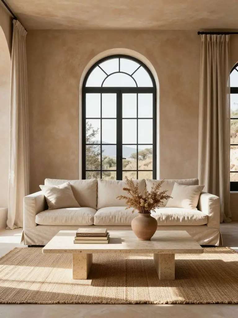 A sun-washed Mediterranean neutral minimalist living room featuring a creamy slipcovered linen sofa positioned beneath arched black-framed w.