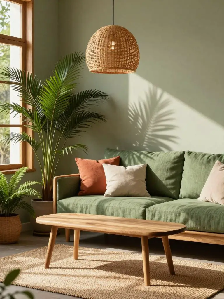 A sunlit botanical corner featuring a green linen sofa positioned against a sage-painted wall.